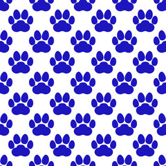 blue paw print seamless repeating background pattern. cat or dog footprints. vector illustration.