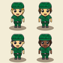 Vector Illustration Of Cute Little Female Soldier. Adorable Kids Soldier Set. Smiling Little Girls Dressed As Soldier Vector Illustrations.