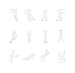 female legs collection. hand drawn linear woman feet in different poses. vector illustration of eleg