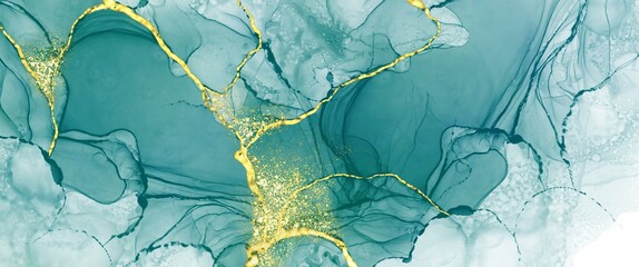 Wall Mural - blue and gold alcohol ink background, original texture with luxury golden decoration, gold kintsugi,
