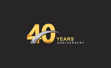 Poster - 40th years anniversary logo with golden ring and silver swoosh isolated on black background, for birthday and anniversary celebration.