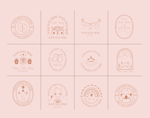 Wall Mural - Collection of Baby logotype template with cute elements, toys, clothes, animals, moon, sun, stars, rainbow. Bohemian kids illustration. Editable vector illustration.