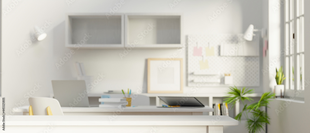 Minimal white workspace with office supplies and copy space - obrazy, fototapety, plakaty 