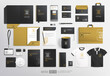 Realistic Mock-up Black and Gold Branding Stationary items and objects. Minimalistic Corporate Brand Identity design on stationery elements, A4 letterhead blank folder, mug,paper bag. Vector template