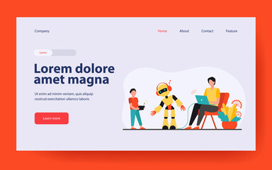 Happy father and son playing with robot. Laptop, kid, cyborg flat vector illustration. Robotics and digital technology concept for banner, website design or landing web page