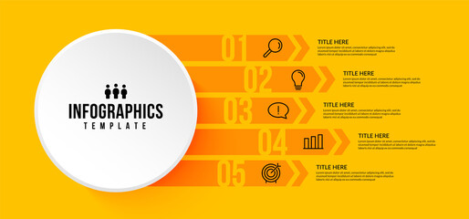 Wall Mural - 5 options infographic template on yellow background, business workflow with multiple steps concept