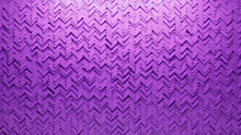 3D, Herringbone Mosaic Tiles Arranged In The Shape Of A Wall. Polished, Purple, Bricks Stacked To Create A Semigloss Block Background. 3D Render