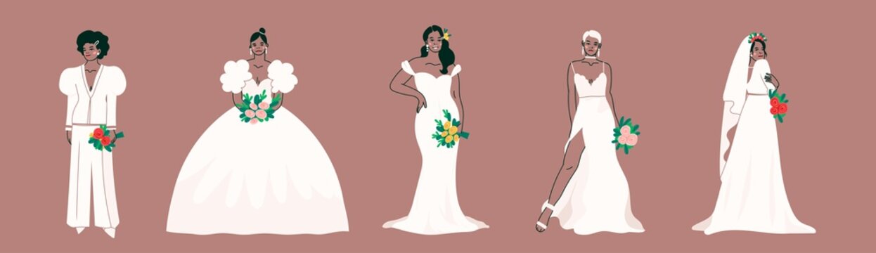 Young attractive Brides with bouquets. Full length view of elegant ladies posing with wedding flowers. Modern bridal look. Women standing in white wedding dress. Hand drawn trendy Vector illustrations