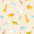 Tropical jungle seamless pattern. Cute wild animals in a simple hand-drawn Scandinavian doodle style. Nursery pastel palette is ideal for printing baby clothes, fabrics. Vector cartoon background.