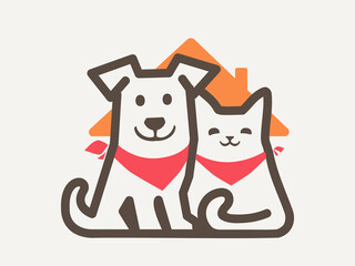 cute dog and cat and roof house logo design. pet services, boarding, care and walking minimal symbol