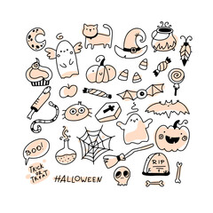 Wall Mural - Halloween doodle set. Vector holiday characters and horrible elements in simple hand drawn cartoon style. Black outline on a white background. Pastel stains