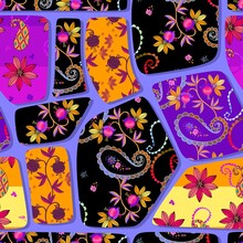 Seamless Patchwork Pattern With Flowers And Paisley In Oriental Style. Print For Fabric, Trendy Background. Vector Illustration.
