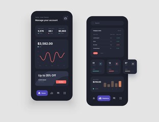 Wall Mural - mobile app interface design in dark colors with ui and ux elements. use design for web application, 