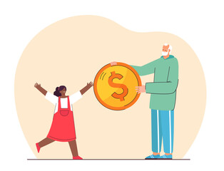 Grandfather giving pocket money to granddaughter. Elderly person giving giant coin to happy girl flat vector illustration. Family, finances concept for banner, website design or landing web page