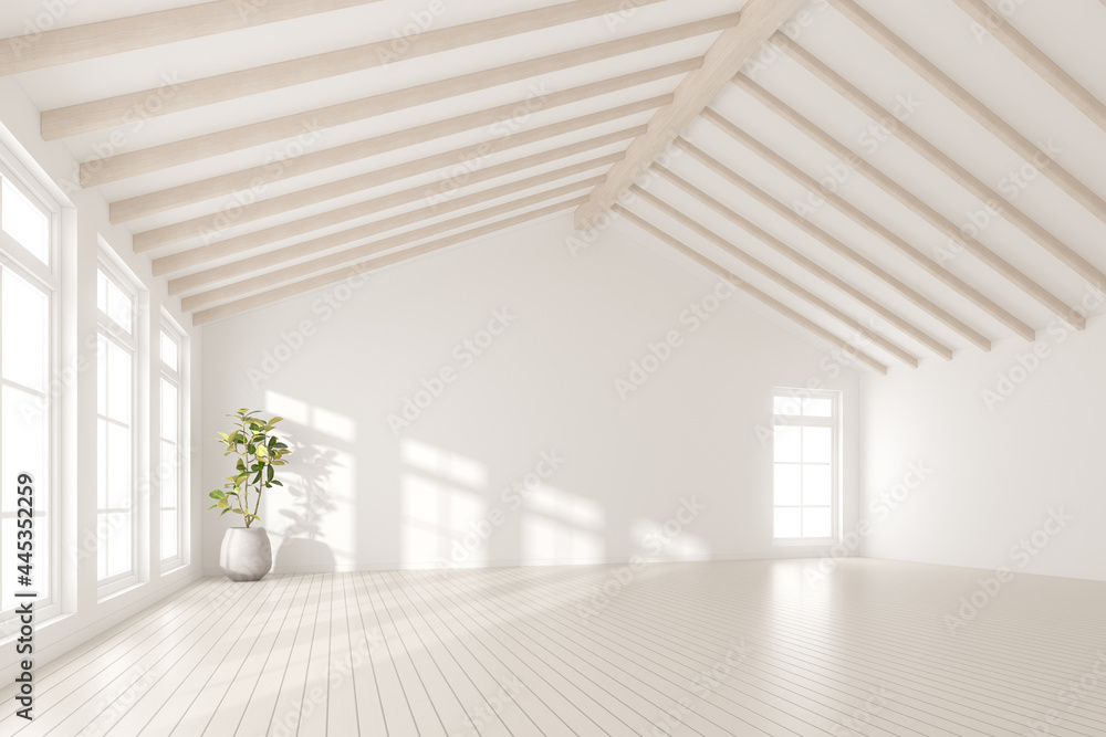 3d render of empty room with white wall and vase of plant on wooden laminate floor. - obrazy, fototapety, plakaty 