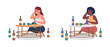 Woman with alcoholism semi flat color vector character set. Sitting figure. Full body people on white. Bad habit isolated modern cartoon style illustration for graphic design and animation collection