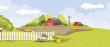 Abstract Landscape -- Country House. Gardening And Harvesting. Vector Illustration, Rural View -- Fields And Meadows, Harvest Time. 
