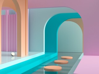 Wall Mural - 3d render. Abstract cosmetic background. Show a product. Empty scene with arches, water and spherical lights  in the floor. Pastel colors minimal wall. Fashion showcase, display case, shopfront.