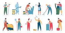 Cleaning Service. Professional Cleaners In Uniform With Cleaning Equipment. Domestic Cleaner, Janitor Clean House Or Office Vector Set. Staff Or Workers With Tools For Household Chores