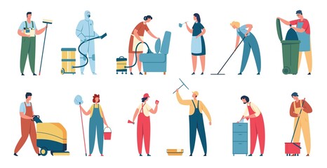 Cleaning service. Professional cleaners in uniform with cleaning equipment. Domestic cleaner, janitor clean house or office vector set. Staff or workers with tools for household chores