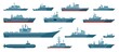 Military boats. Aircraft carrier, warship, navy frigate, battleship, submarine, war vessel. Naval combat ships or frigates vector set. Transportation with weapons for defense isolated