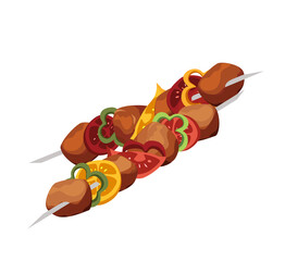 Kebab,shashlik,grilled on skewer,food meat.Grilled BBQ food.Traditional cooking of toothsome steak,juicy barbecue,kebab.Grilled meat and vegetables.Flat Vector illustration isolated, white background