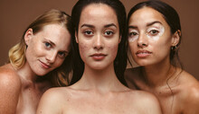 Close Up Of Women With Diverse Skin Types.