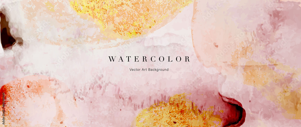 Watercolor art background vector. Wallpaper design with paint brush and gold line art. Earth tone blue, pink, ivory, beige watercolor Illustration for prints, wall art, cover and invitation cards. - obrazy, fototapety, plakaty 