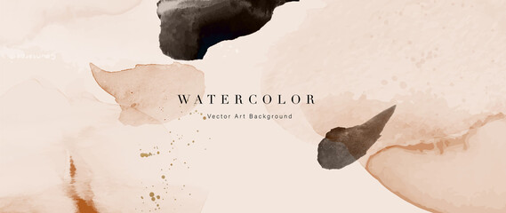 Watercolor art background vector. Wallpaper design with paint brush and gold line art. Earth tone blue, pink, ivory, beige watercolor Illustration for prints, wall art, cover and invitation cards.