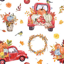 Watercolor Fall Seamless Pattern. Hand Painted Red Harvest Truck, Pumpkins, Apples, Autumn Leaves, Arrangement, Wreath On White Background. Colorful Thanksgiving Print.