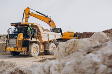 Wall Mural - Male worker with bulldozer in sand quarry