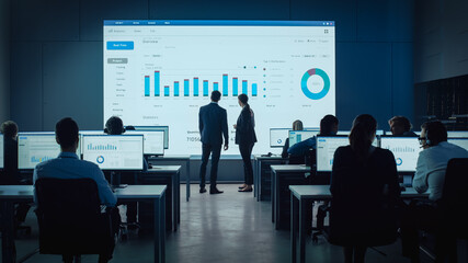 Aufkleber - Two Traders Having a Meeting in a Modern Monitoring Office with Analytics Feed on a Big Digital Screen. Monitoring Room with Brokers and Finance Specialists Sit in Front of Computers. Colleagues Talk.