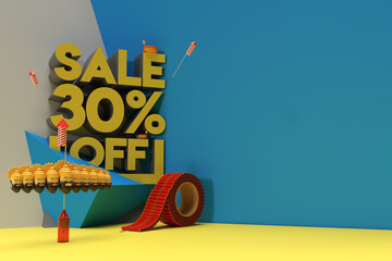 Wall Mural - 3D Render Diwali 30% Sale OFF Discount Display Products Advertising. Flyer Poster Illustration Design.