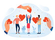 Heartfelt love as a symbol of charity and help. The characters give the girl hearts, support and warmth. People genuinely care about each other. Cartoon flat vector illustration on a white background
