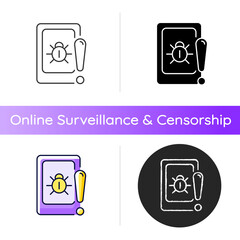 Wall Mural - Cell phone bugging icon. Tracking user mobile device secretly. Smartphone surveillance. Recording conversations. Unauthorized access. Linear black and RGB color styles. Isolated vector illustrations