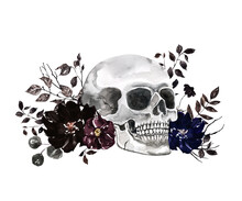 Watercolor Halloween Skull Painting. Dead Men Head With Dark Black Flowers And Leaves. Holiday Arrangement In Victorian Goth Style. Vintage Themed Illustration.
