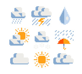 Poster - Weather symbols web icons pixel art set. Humidity, snow, rain and storms. Contains such icon as clouds, cloud cover and sun. Design for mobile app, sticker, logo. Game assets 8-bit. Isolated vector.