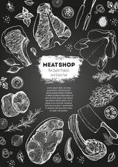 Wall Mural - Meat top view frame. Vector illustration. Engraved design. Hand drawn illustration. Pieces of meat design template.