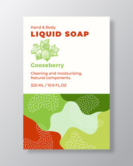 Wall Mural - Liquid Soap Package Label Template. Abstract Shapes Camo Background Vector Cover. Cosmetics Packaging Design. Modern Typography and Hand Drawn Gooseberry Berries Sketch. Isolated