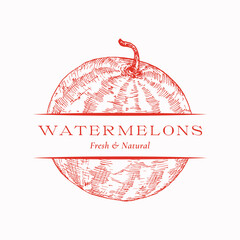 Wall Mural - fresh watermelon organic abstract vector sign, symbol or logo template. hand drawn fruit sketch sill