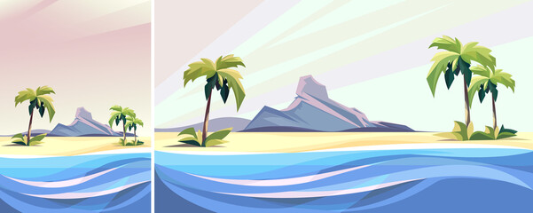 Wall Mural - Seascape with palms and rock. Nature landscape in vertical and horizontal orientation.