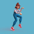 Casual kawaii funny smiling brunette girl uses her hands to imitate cat paws. Cartoon woman in glasses wearing blue apron, red sneakers, white t-shirt sneaks on tiptoe. Minimal art style. 3d render.