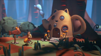 The journey of brave little hare with an orange backpack in red T-shirt, blue pants in magical green forest. The traveler returns to the sweet home with cat ears. 3d illustration of the game location