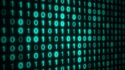 Seamless loop of teal digital binary data generated on a computer screen. Binary code looped animation. Motion graphic