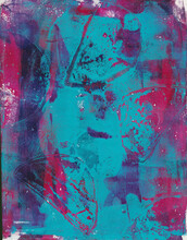 Abstract Painted Background In Blue Turquoise And Pink, Monoprinting, Painting