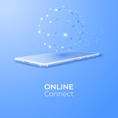 Fototapete - Network connected with line on 3d isometric mobile background. Digital technology concept. Vector art illustration
