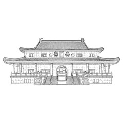 Sticker - Chinese temple or Buddhist monastery. Traditional China house of worship. Classic Asian religious building and landmark. Chinese cultural and spiritual architecture. Vector.