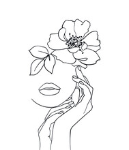 Beauty Face With Flower Rosehip Line Drawing Art. Abstract Minimal Portrait. - Vector Illustration