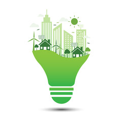 Green eco city with light bulb on white background. Save energy and nature background. Environmental and ecology concept. Sustainable development natural. Vector illustration flat design.