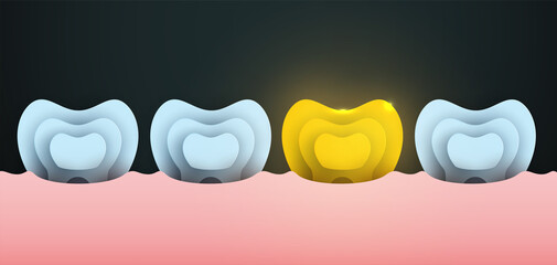 Wall Mural - Row of white clean teeths with golden implant in modern creative style. Minimalistic design concept. Healthcare medical composition art element. Paper cut layer vector illustration.